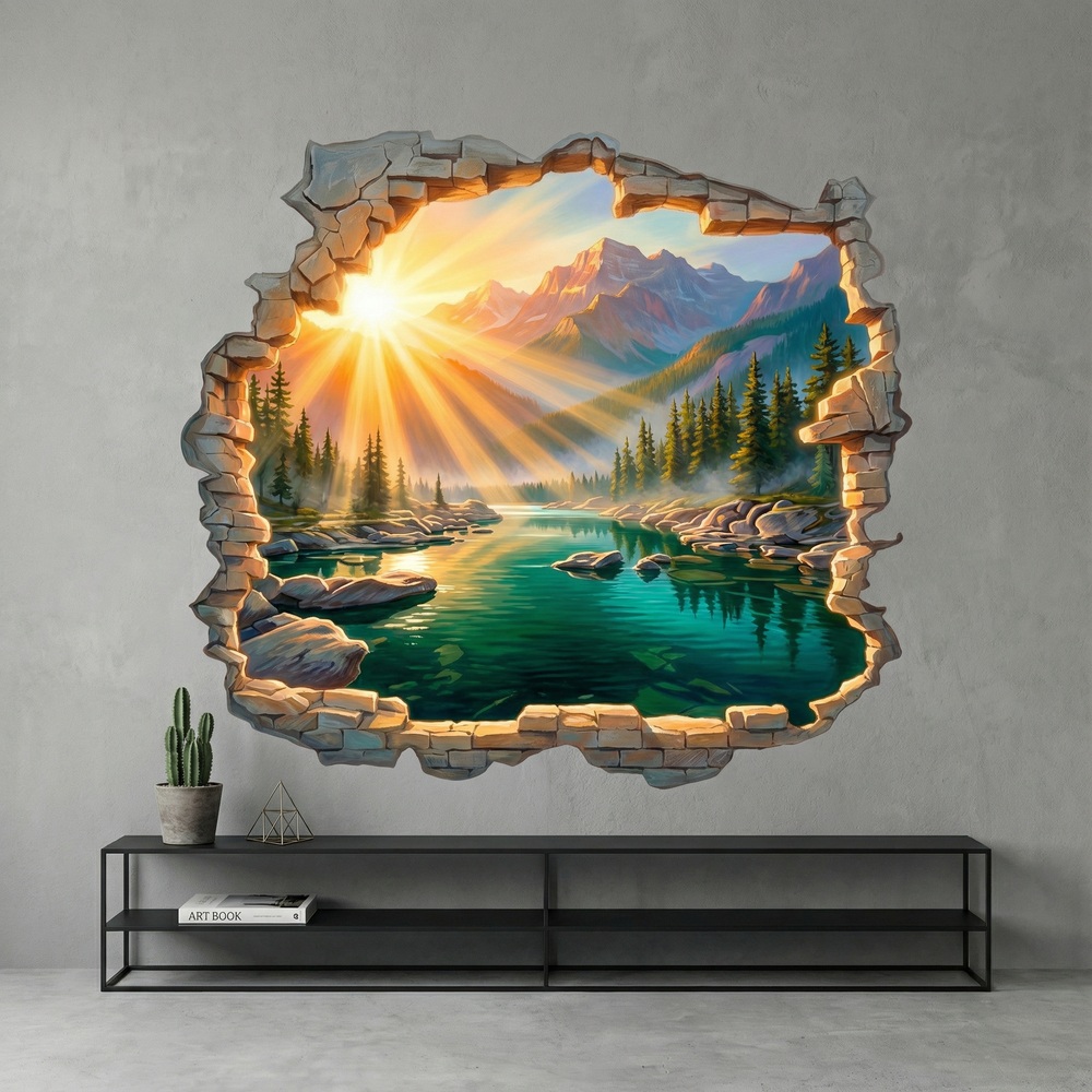 Wall Stickers: Wall Hole Sunrise over Mountain Lake