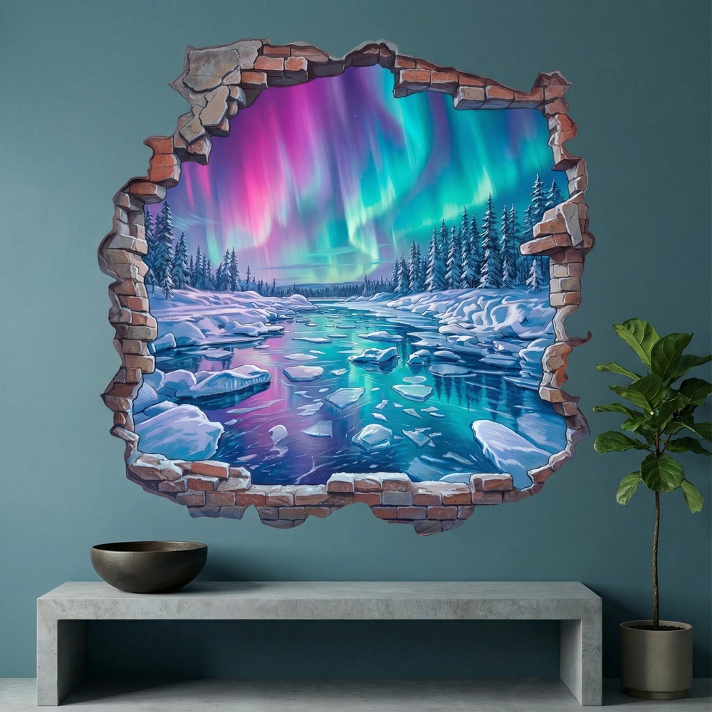 Wall Stickers: Broken Wall Northern Lights over Frozen River