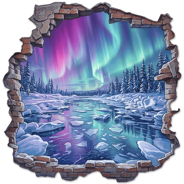 Wall Stickers: Broken Wall Northern Lights over Frozen River