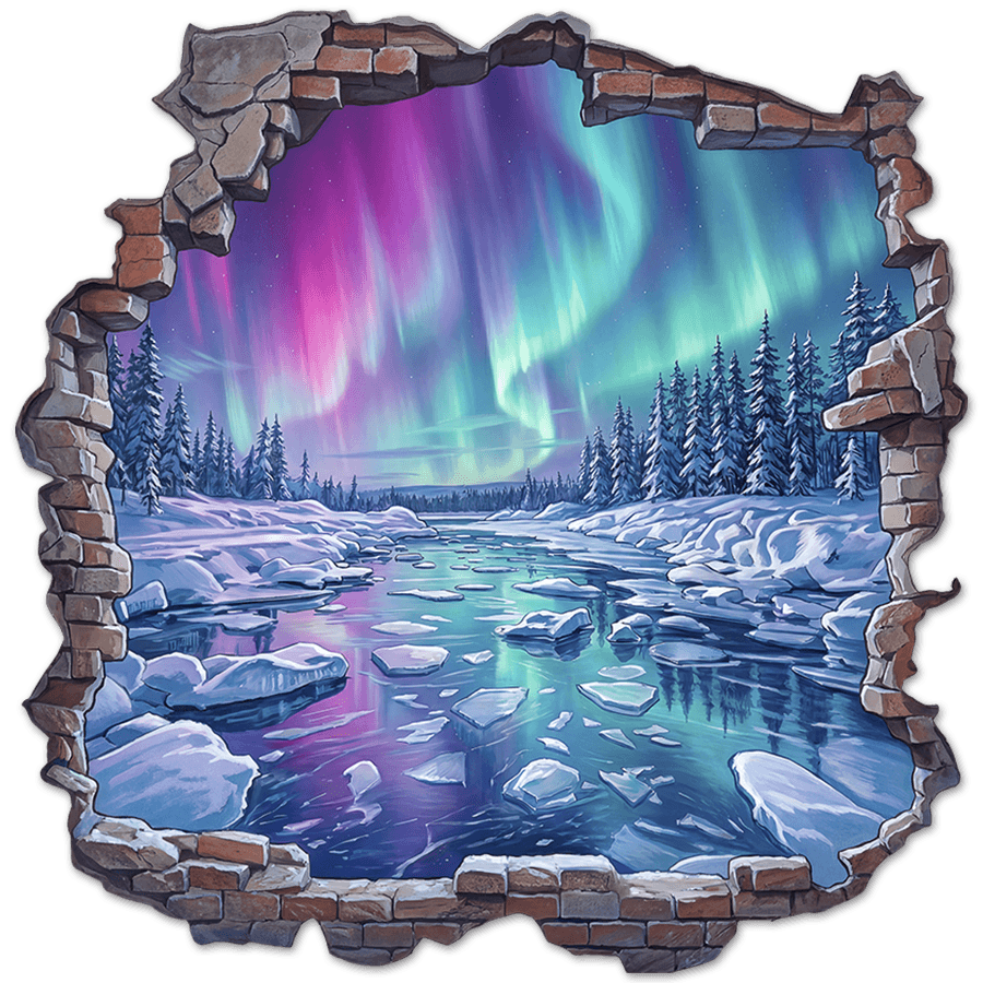 Wall Stickers: Broken Wall Northern Lights over Frozen River