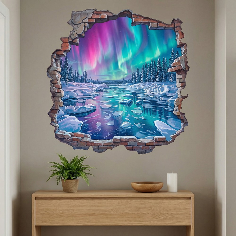 Wall Stickers: Broken Wall Northern Lights over Frozen River