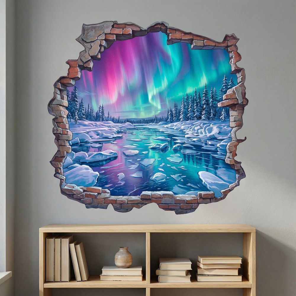 Wall Stickers: Broken Wall Northern Lights over Frozen River