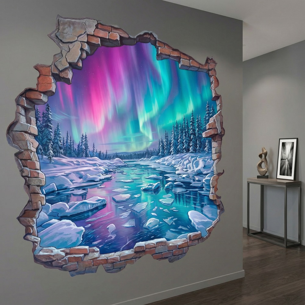 Wall Stickers: Broken Wall Northern Lights over Frozen River