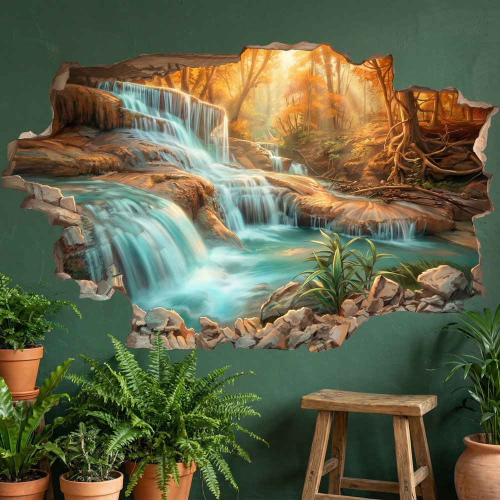 Wall Stickers: Broken Wall Waterfall in Autumn Forest