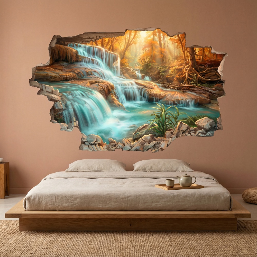 Wall Stickers: Broken Wall Waterfall in Autumn Forest
