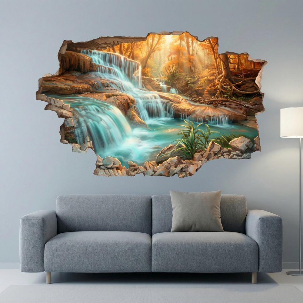 Wall Stickers: Broken Wall Waterfall in Autumn Forest