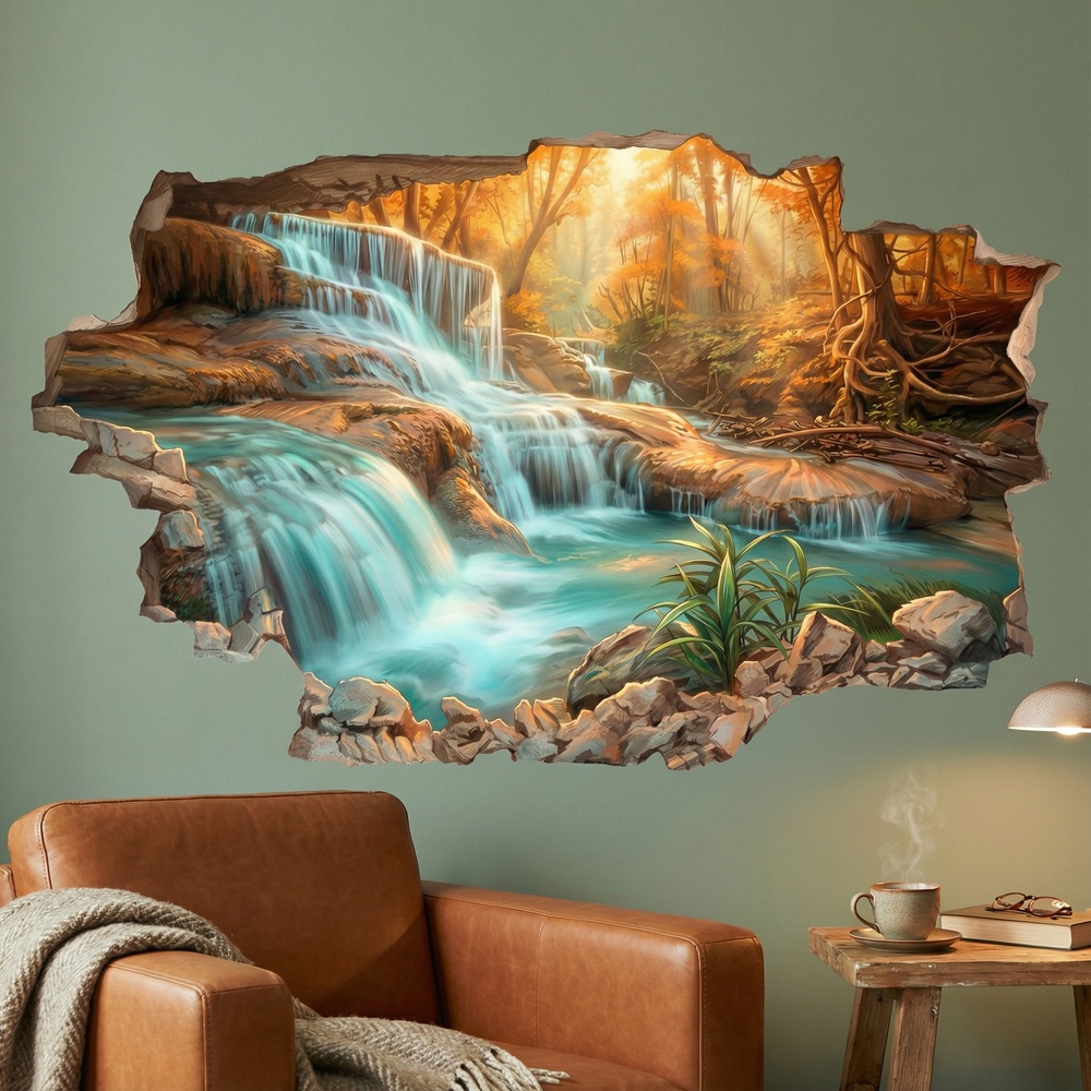 Wall Stickers: Broken Wall Waterfall in Autumn Forest