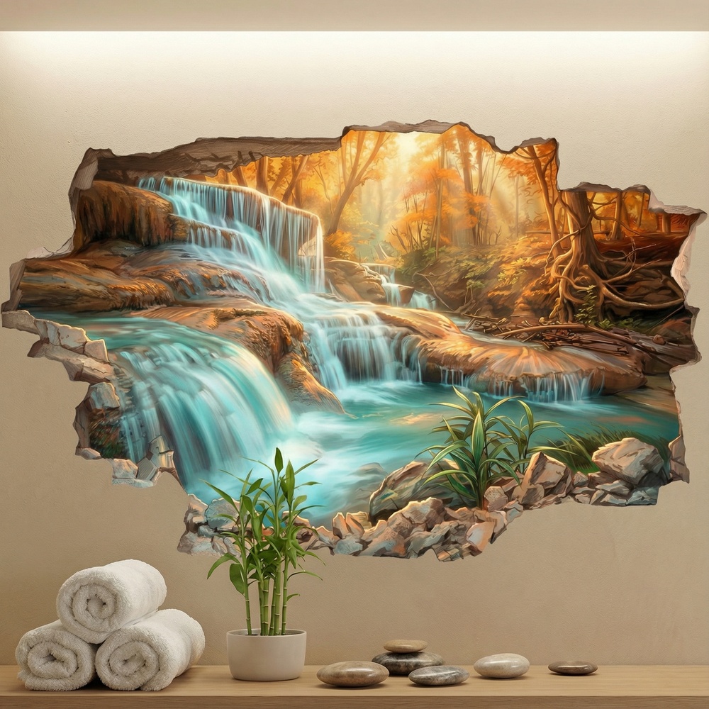 Wall Stickers: Broken Wall Waterfall in Autumn Forest
