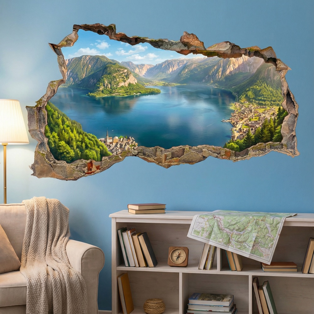 Wall Stickers: Wall Hole Panoramic Alpine Lake