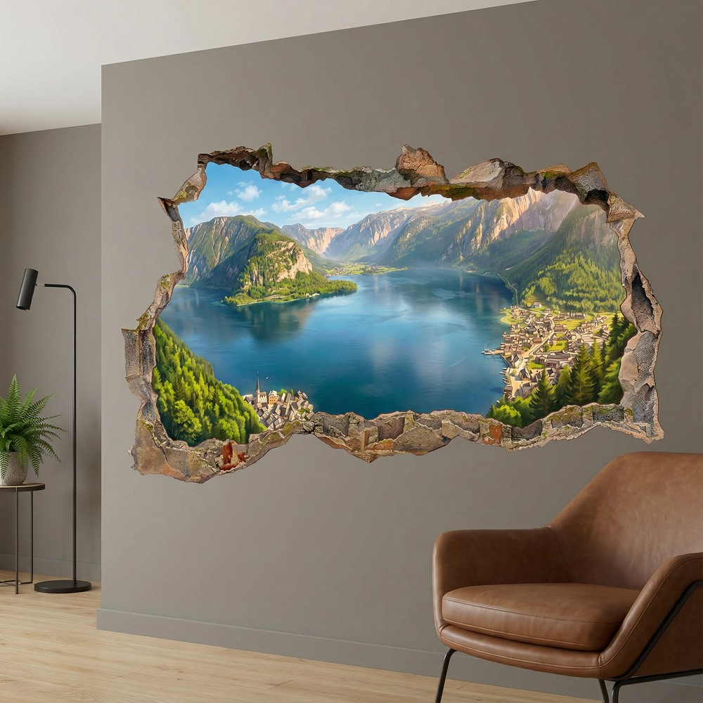 Wall Stickers: Wall Hole Panoramic Alpine Lake