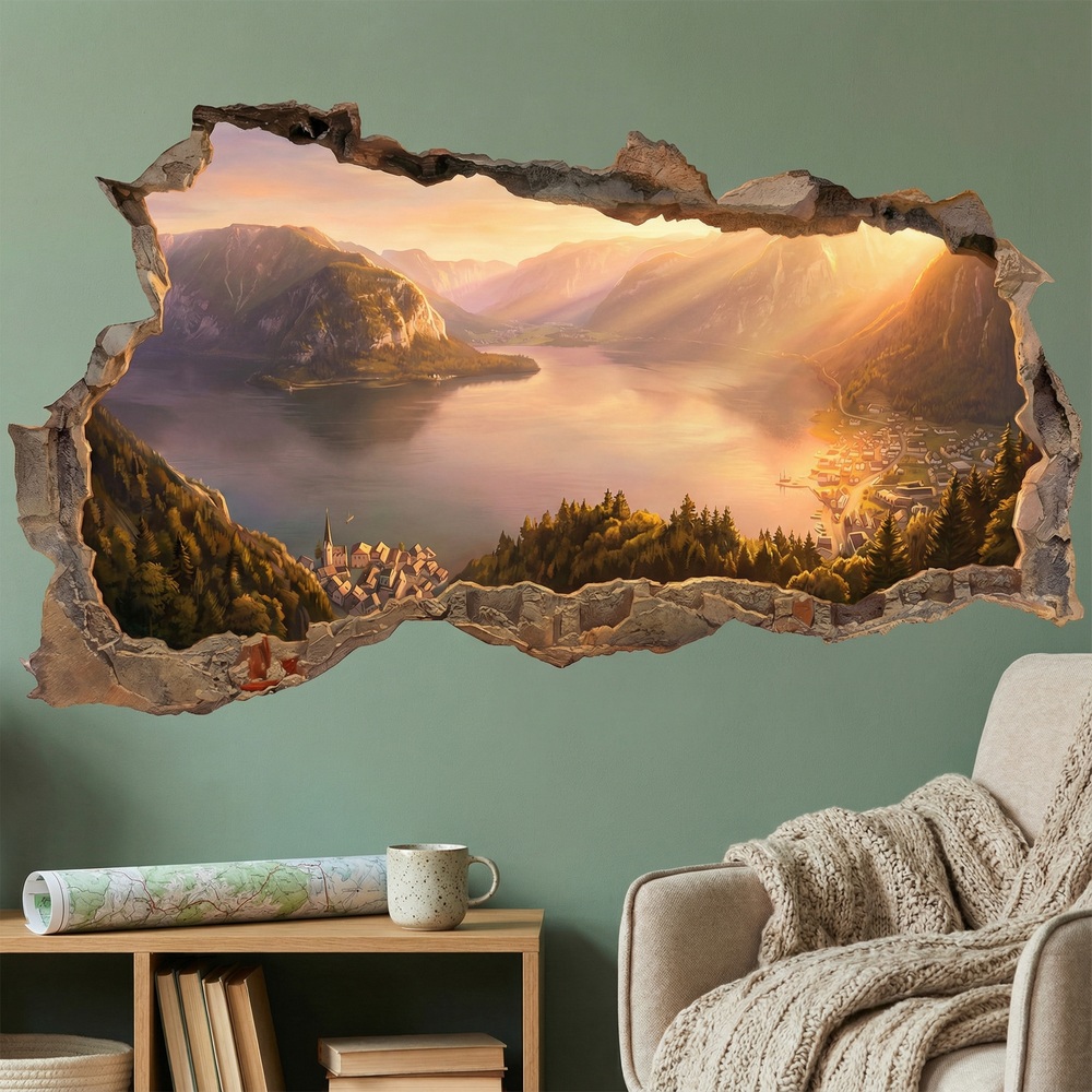 Wall Stickers: Wall Hole Alpine Lake at Sunset