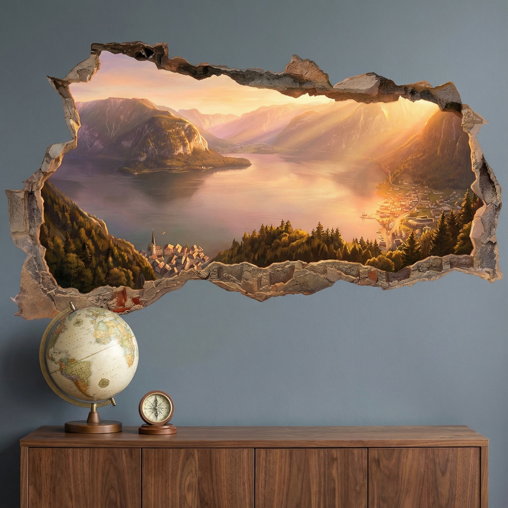 Wall Stickers: Wall Hole Alpine Lake at Sunset