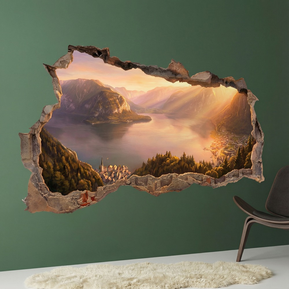 Wall Stickers: Wall Hole Alpine Lake at Sunset