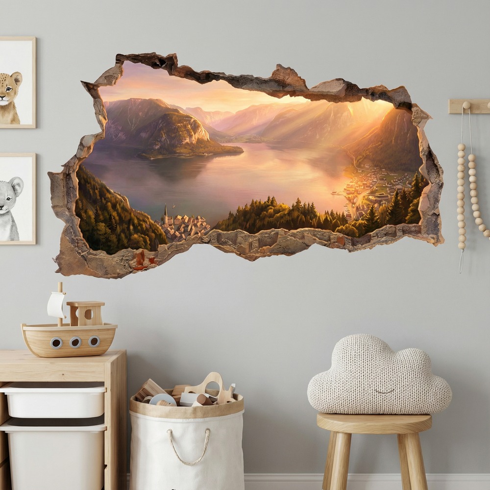 Wall Stickers: Wall Hole Alpine Lake at Sunset