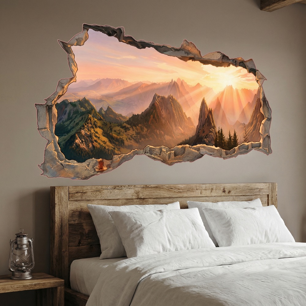 Wall Stickers: Wall Hole Golden Mountains at Sunrise