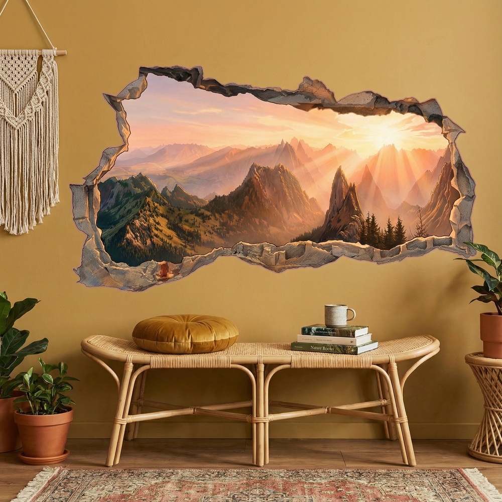 Wall Stickers: Wall Hole Golden Mountains at Sunrise