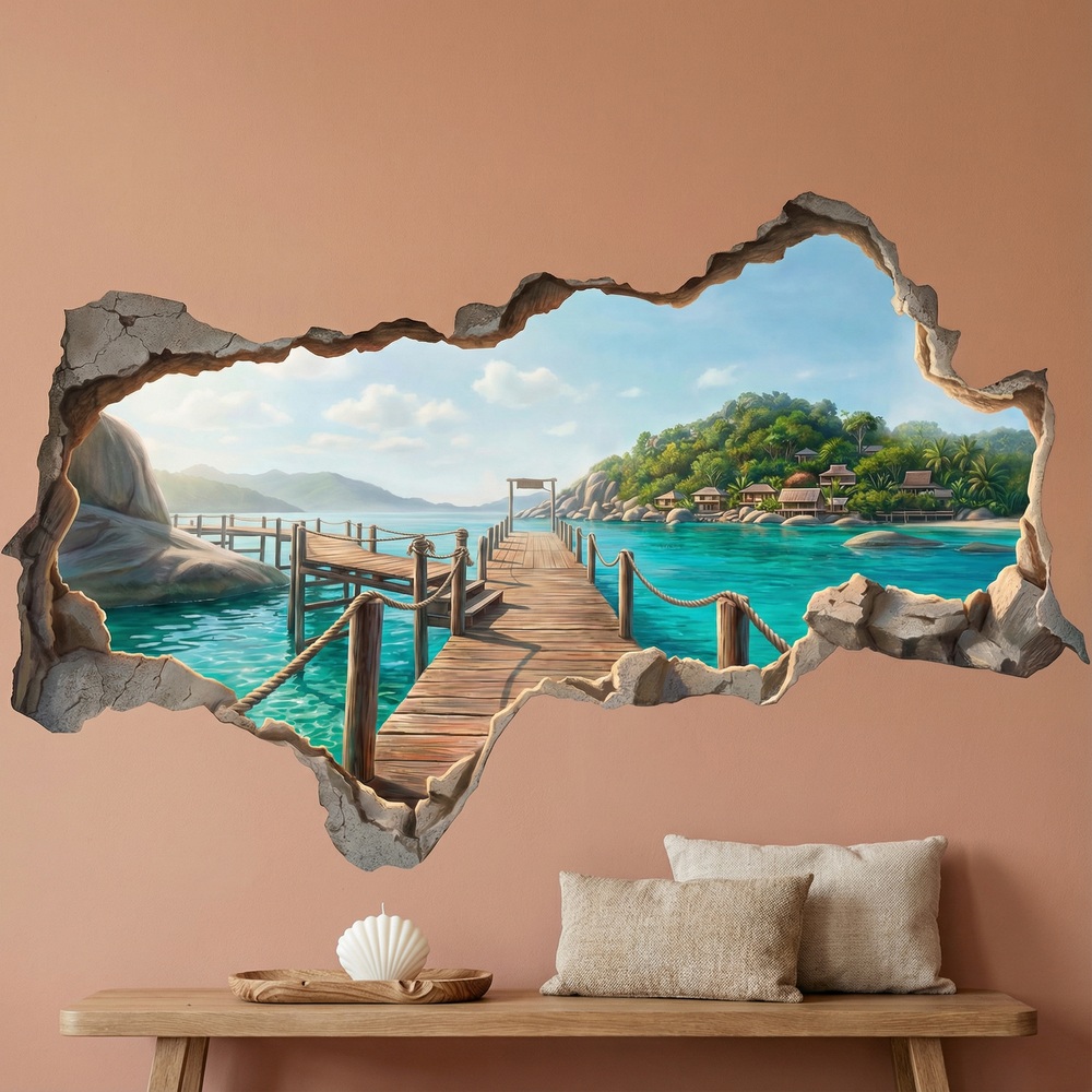 Wall Stickers: Wall Hole Tropical Pier