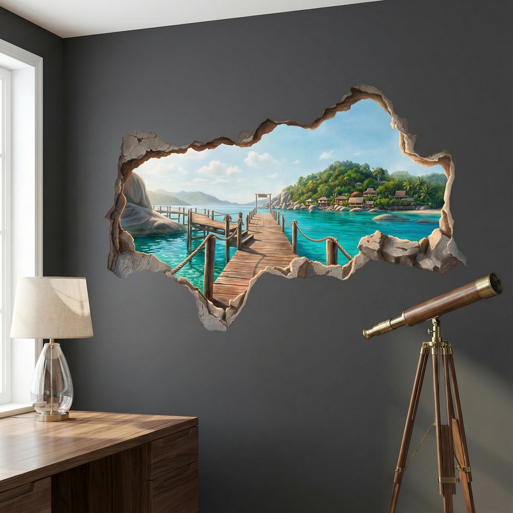 Wall Stickers: Wall Hole Tropical Pier