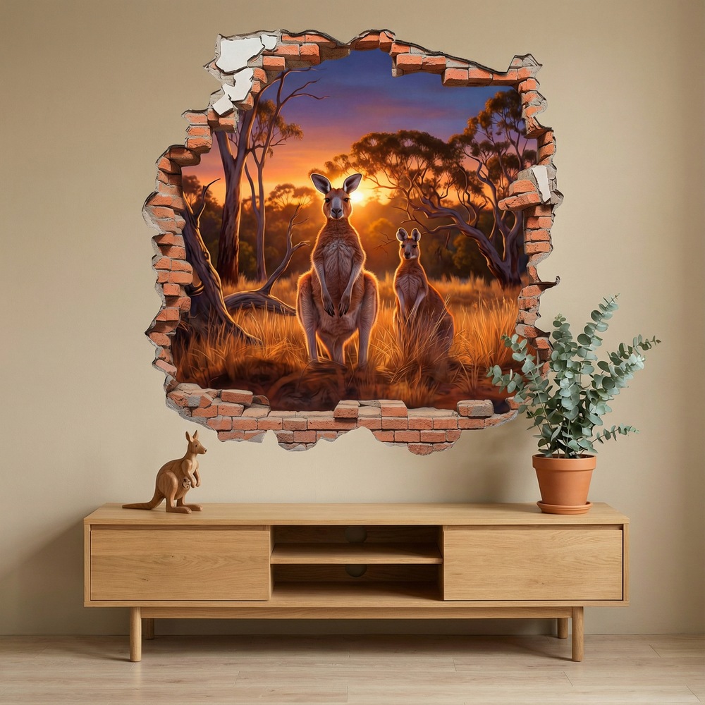 Wall Stickers: Wall Hole Kangaroos at Sunset