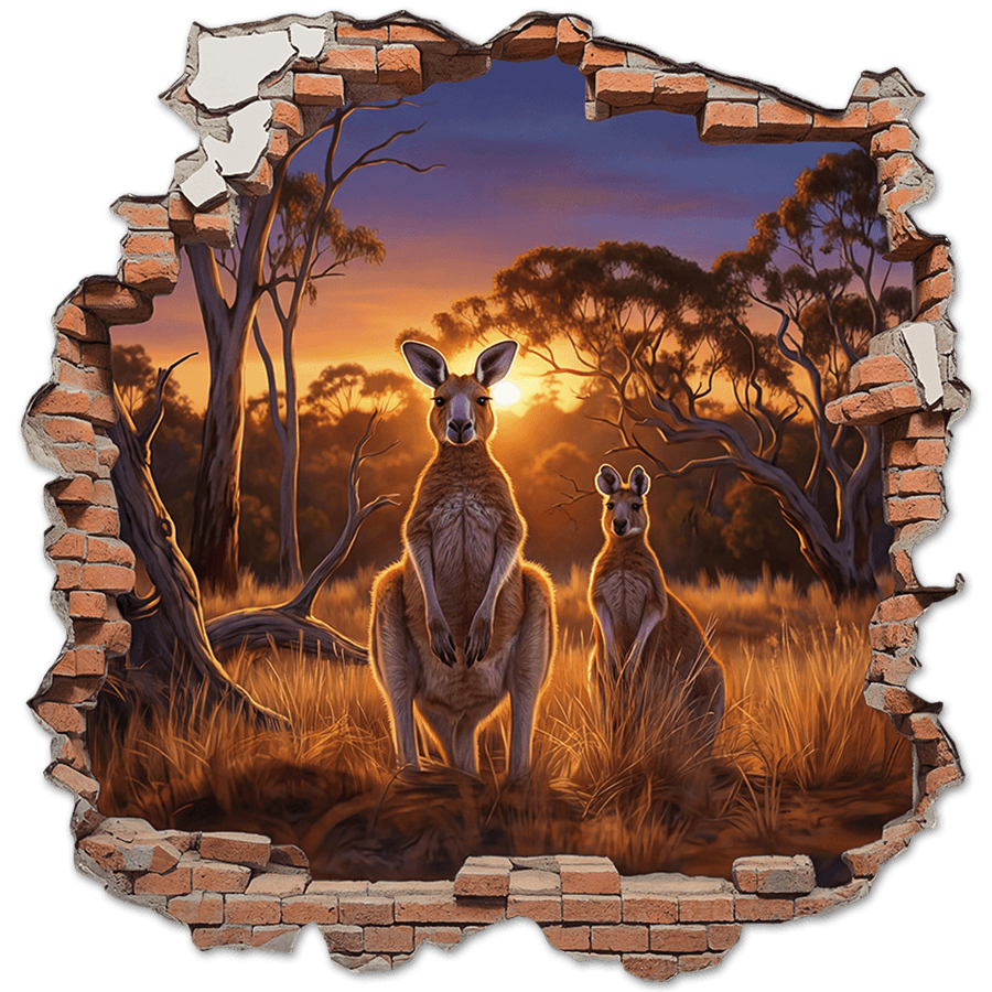 Wall Stickers: Wall Hole Kangaroos at Sunset