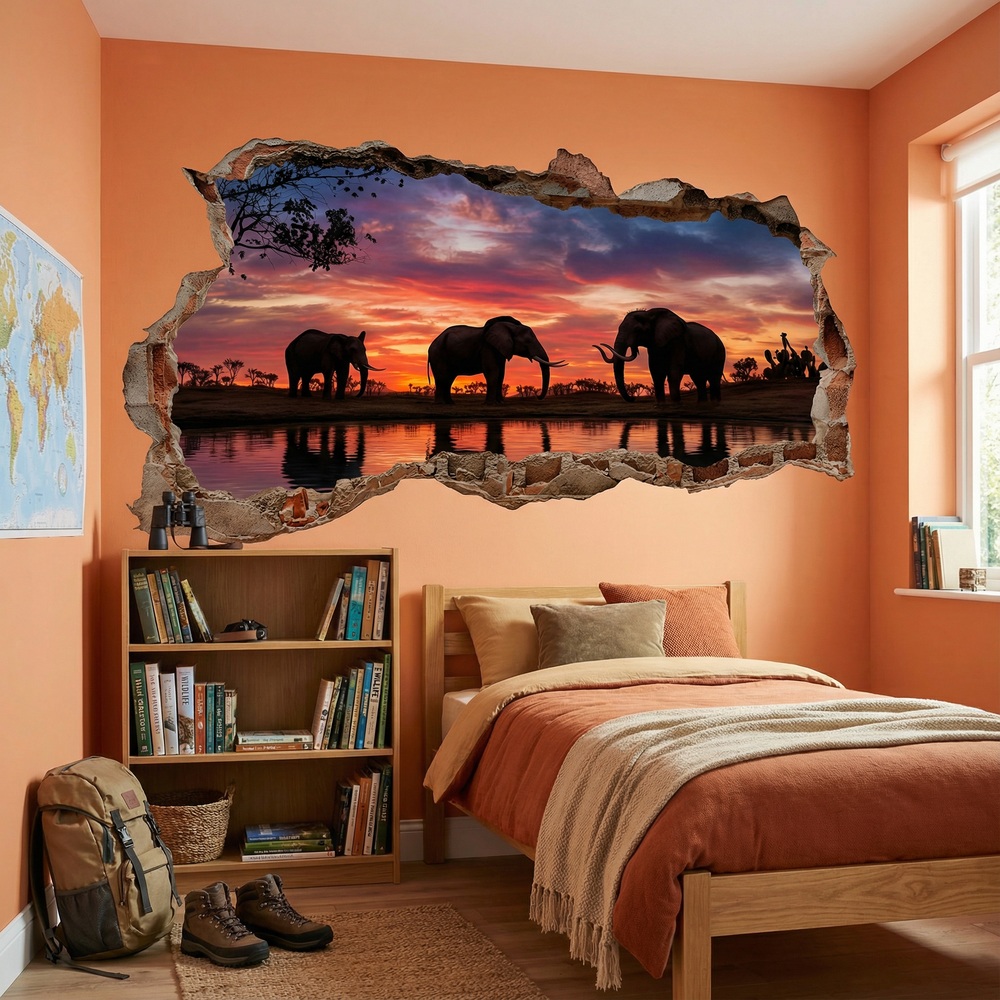 Wall Stickers: Wall Hole Elephants Sunset