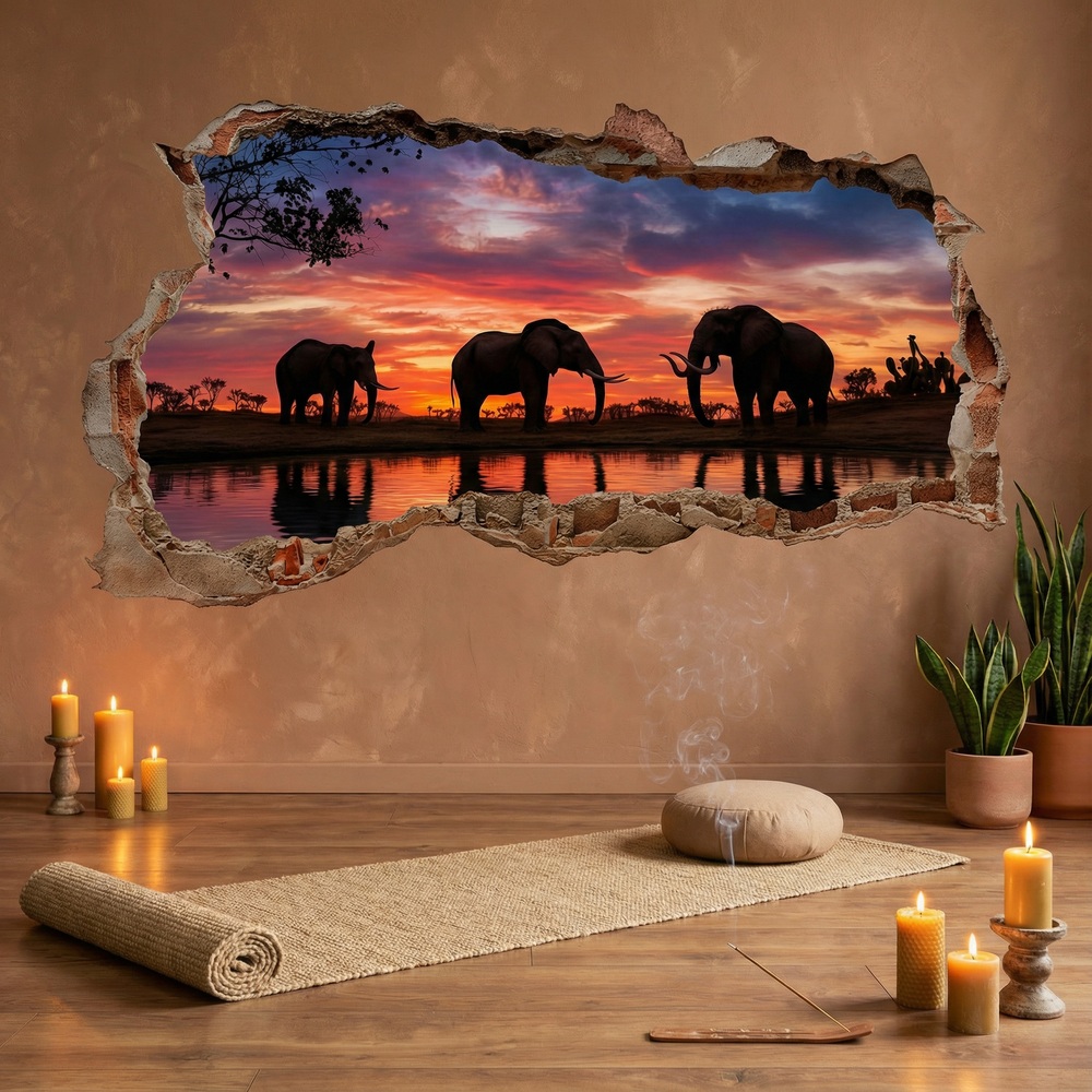 Wall Stickers: Wall Hole Elephants Sunset