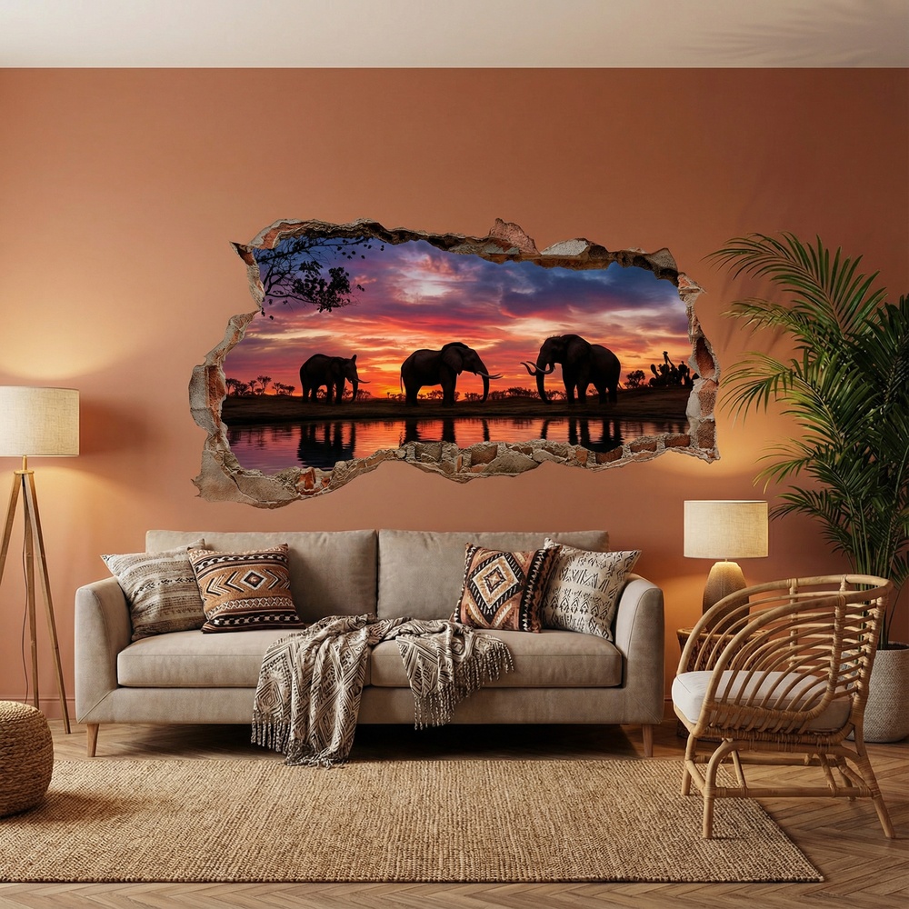Wall Stickers: Wall Hole Elephants Sunset