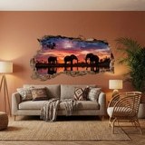 Wall Stickers: Wall Hole Elephants Sunset 4