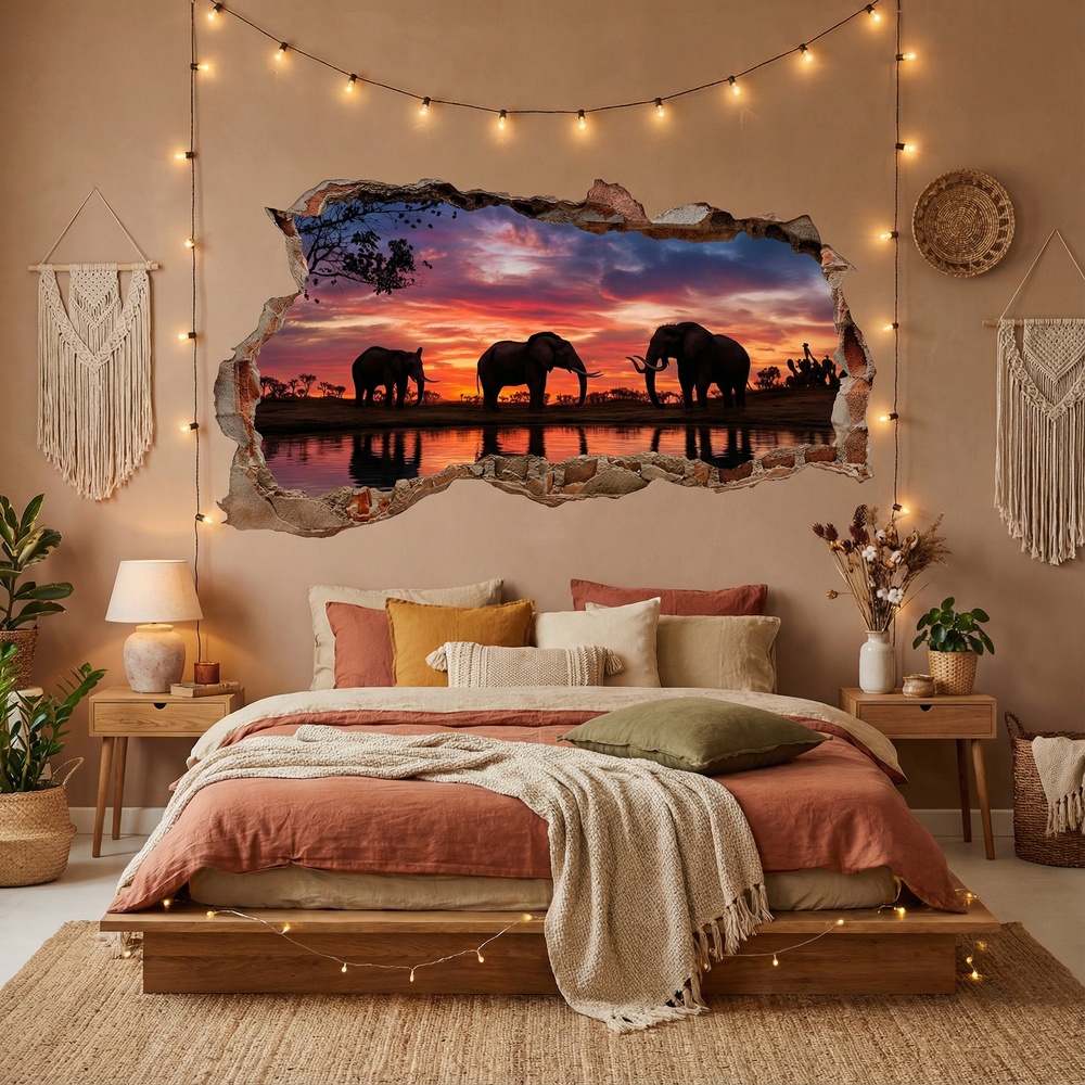 Wall Stickers: Wall Hole Elephants Sunset