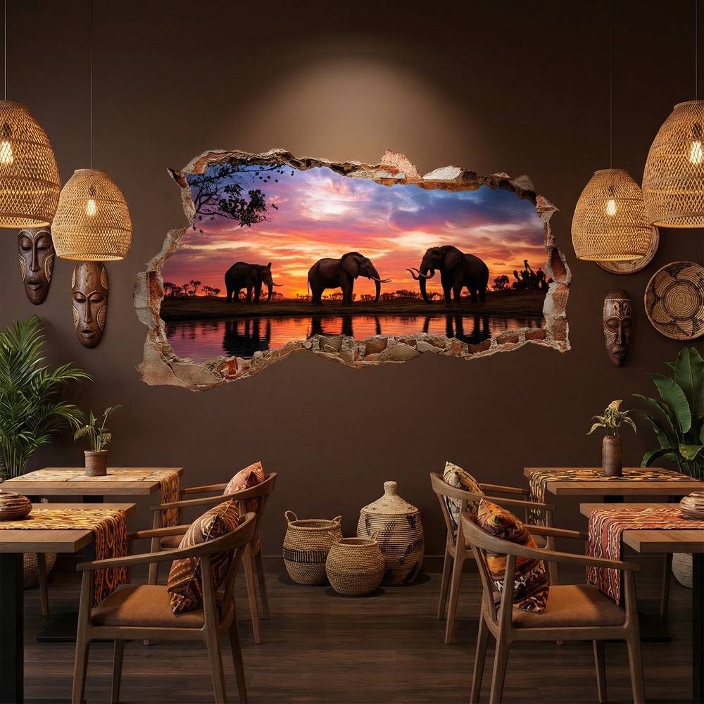 Wall Stickers: Wall Hole Elephants Sunset