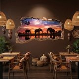 Wall Stickers: Wall Hole Elephants Sunset 7