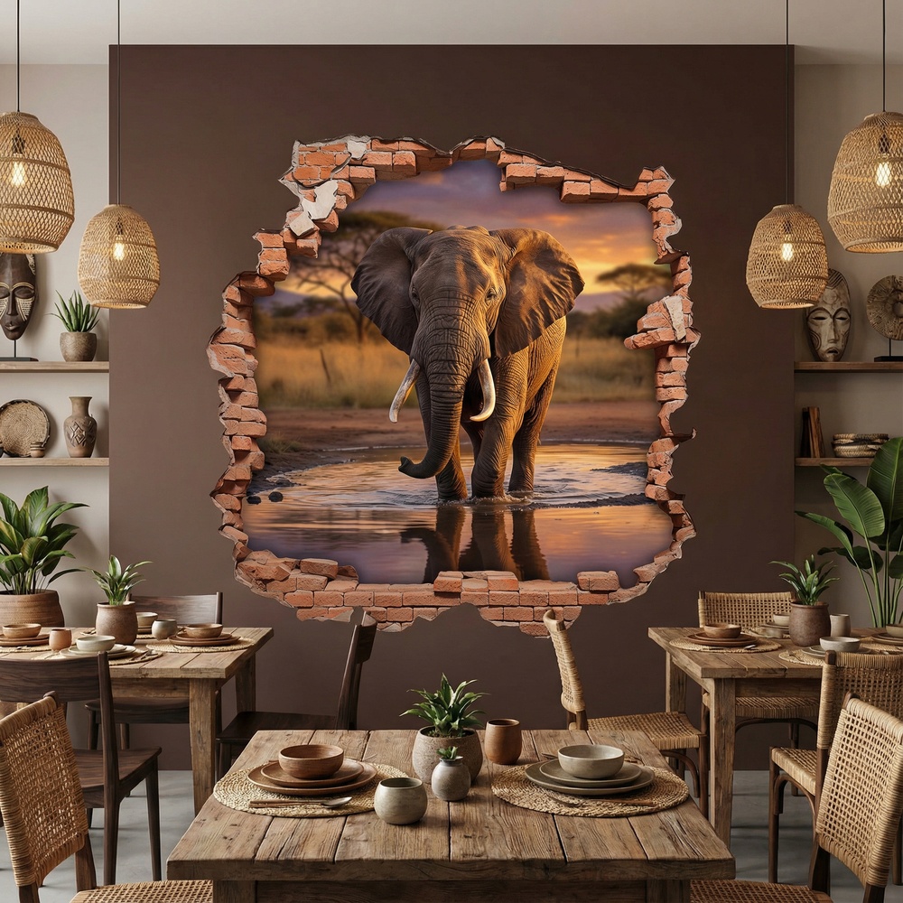 Wall Stickers: Wall Hole Savanna Elephant