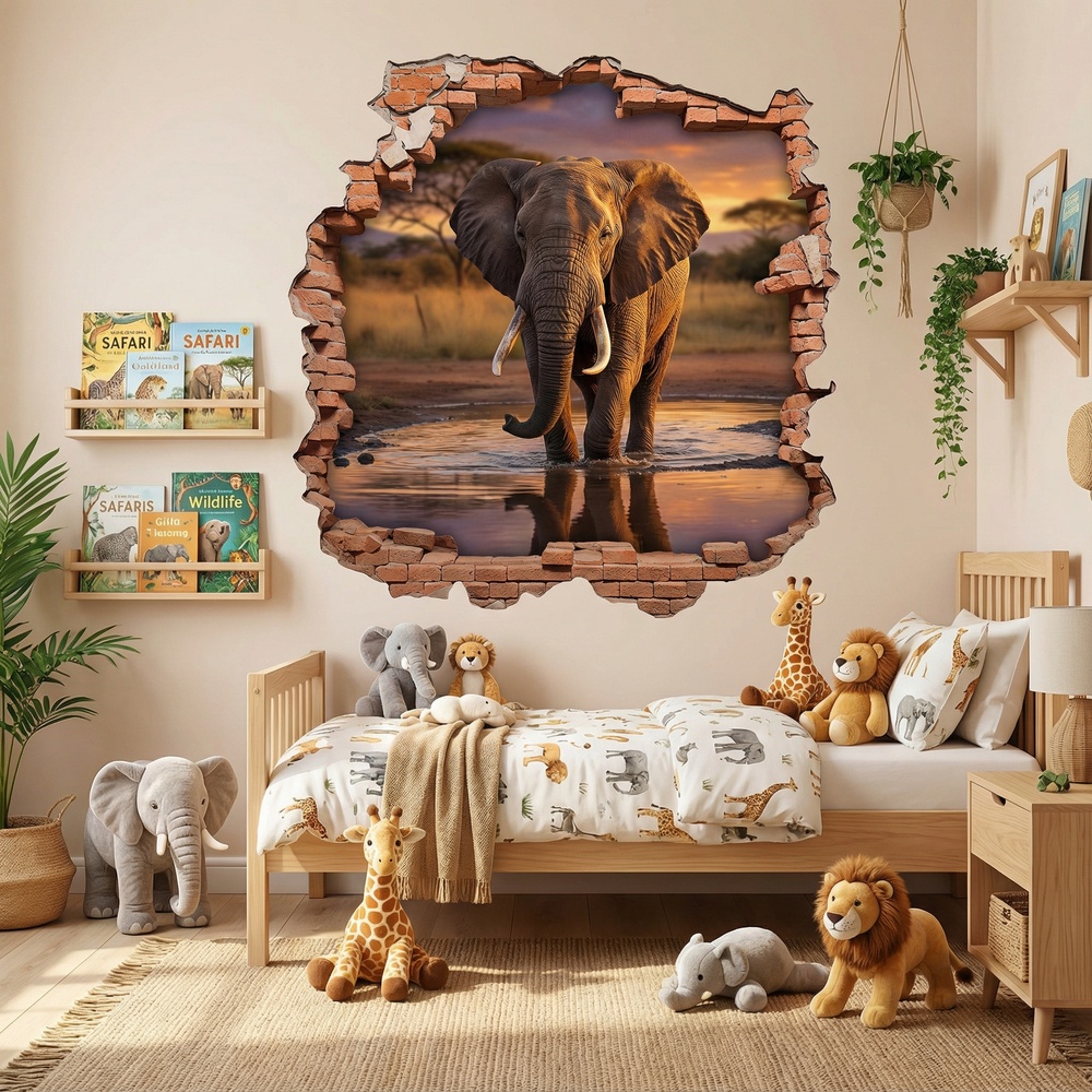 Wall Stickers: Wall Hole Savanna Elephant