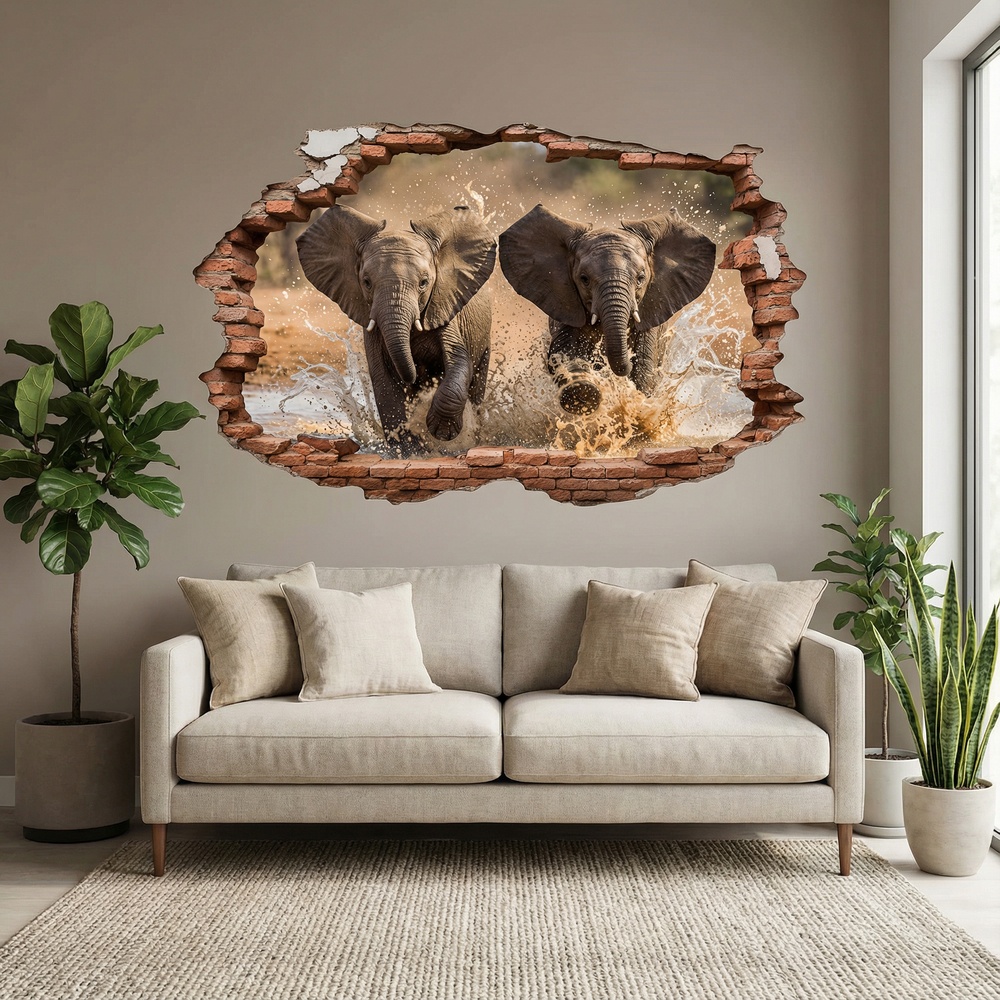 Wall Stickers: Wall Hole Running Elephants