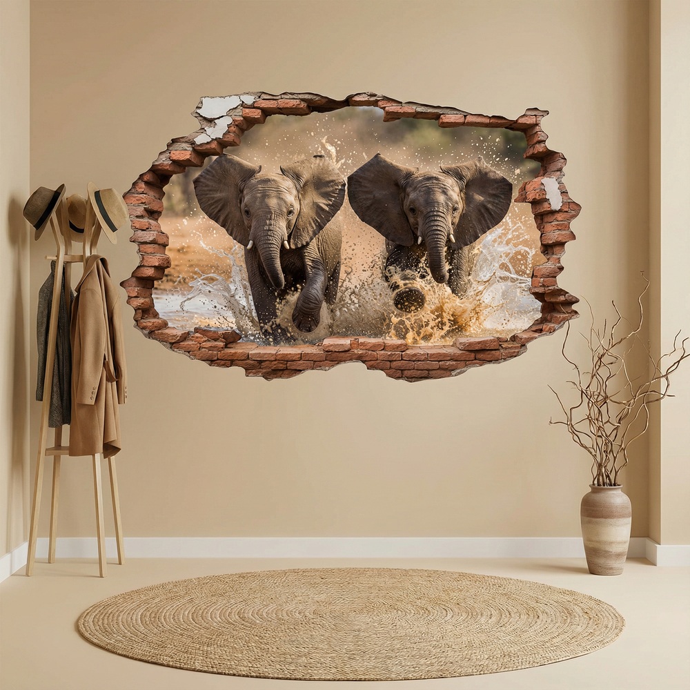 Wall Stickers: Wall Hole Running Elephants