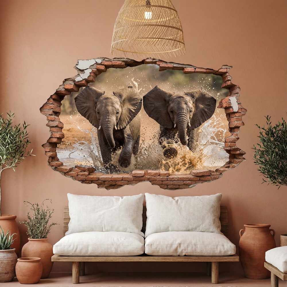 Wall Stickers: Wall Hole Running Elephants