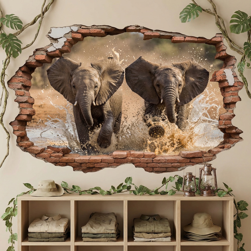 Wall Stickers: Wall Hole Running Elephants