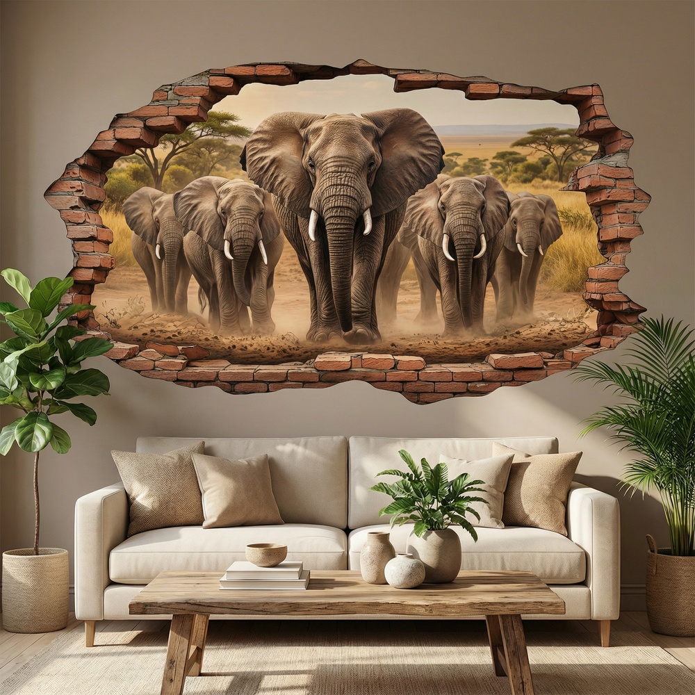 Wall Stickers: Wall Hole Elephant Herd