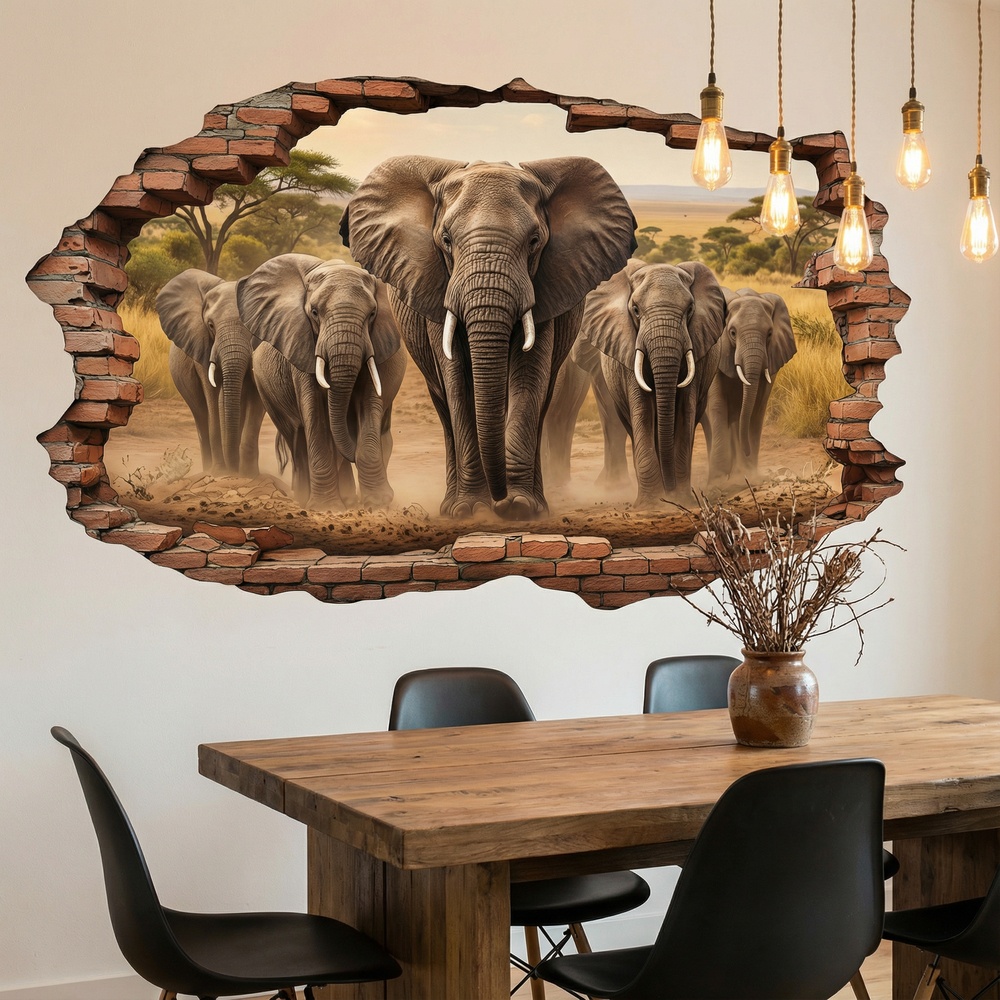 Wall Stickers: Wall Hole Elephant Herd