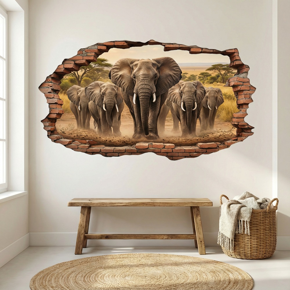Wall Stickers: Wall Hole Elephant Herd