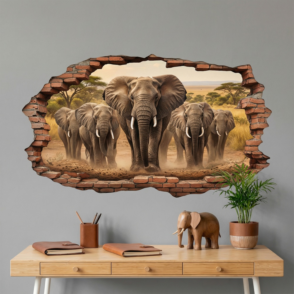 Wall Stickers: Wall Hole Elephant Herd