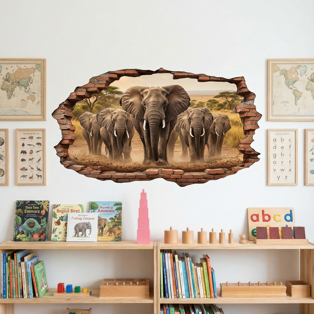 Wall Stickers: Wall Hole Elephant Herd