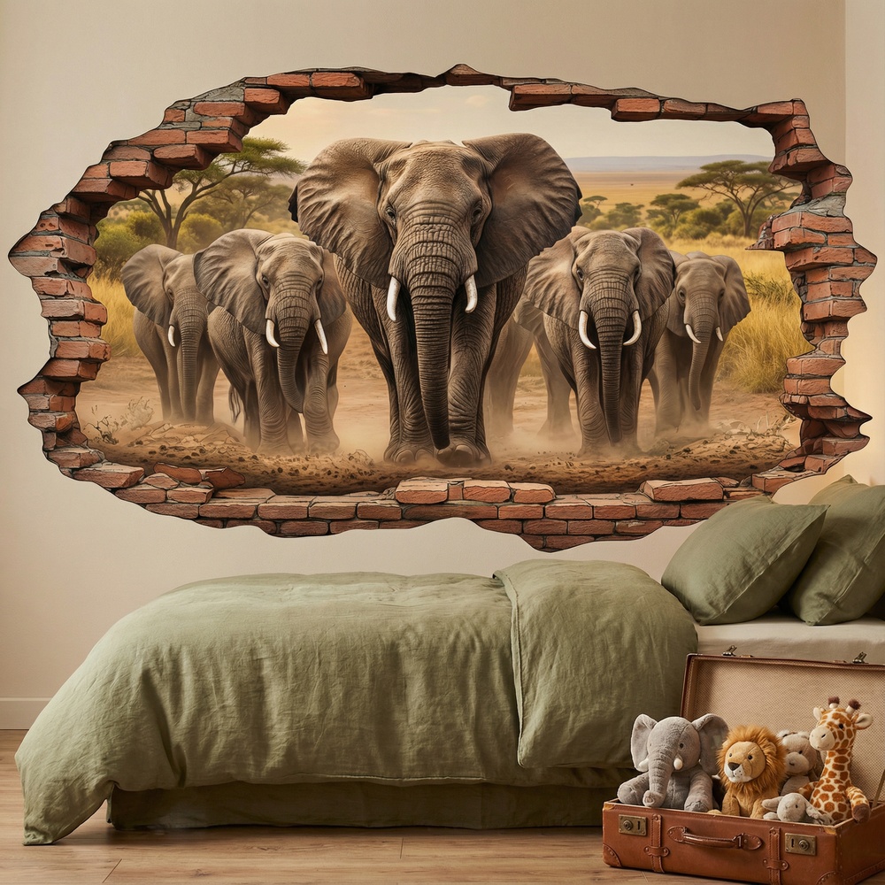 Wall Stickers: Wall Hole Elephant Herd