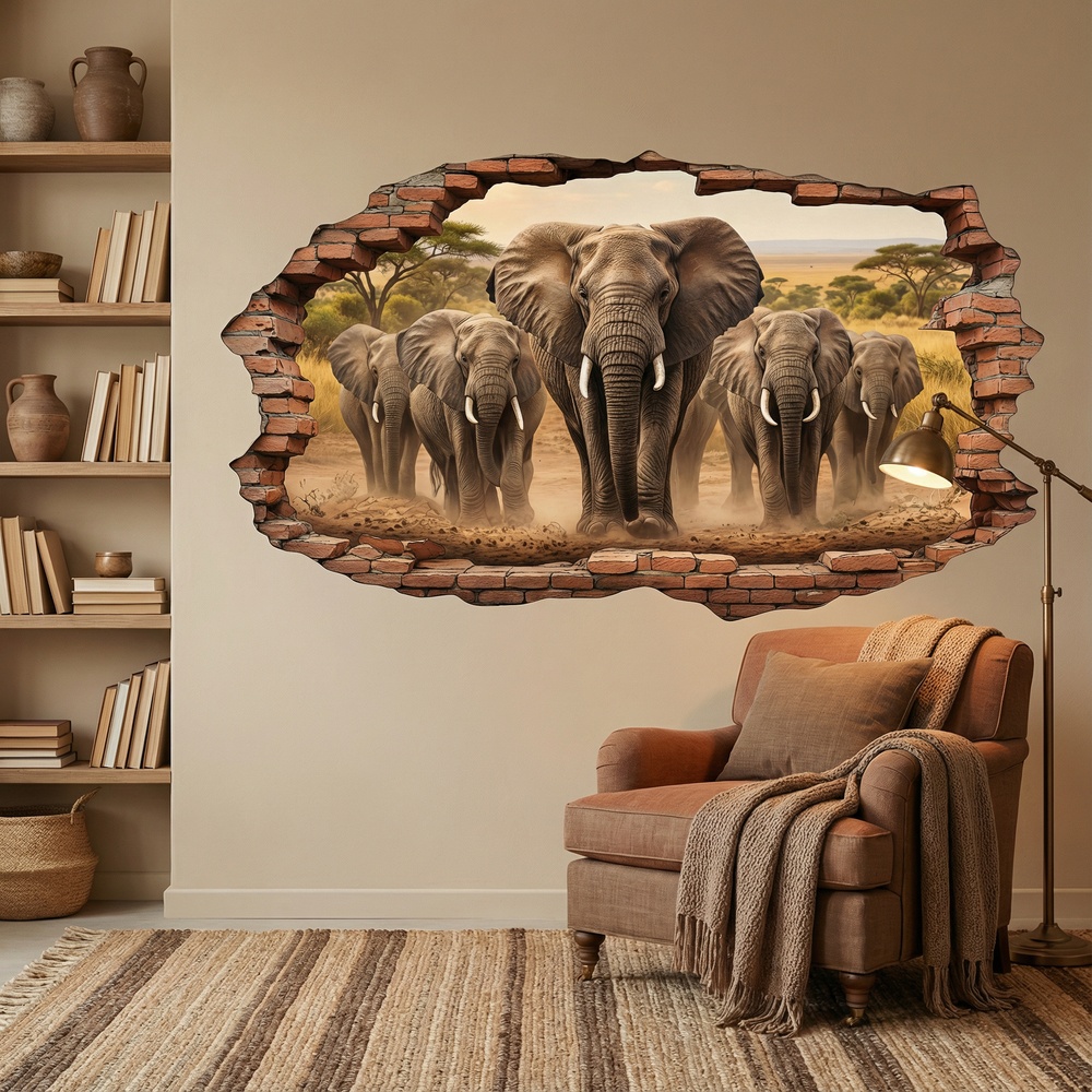 Wall Stickers: Wall Hole Elephant Herd