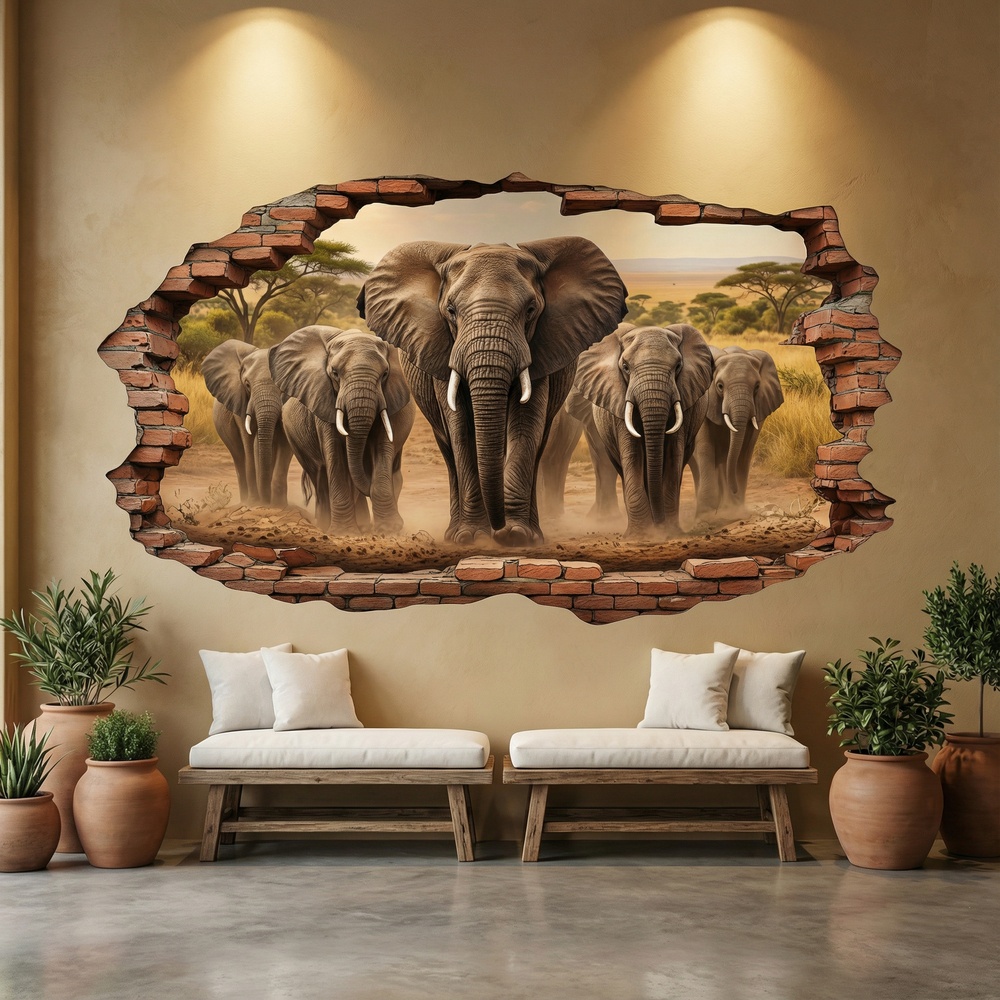 Wall Stickers: Wall Hole Elephant Herd