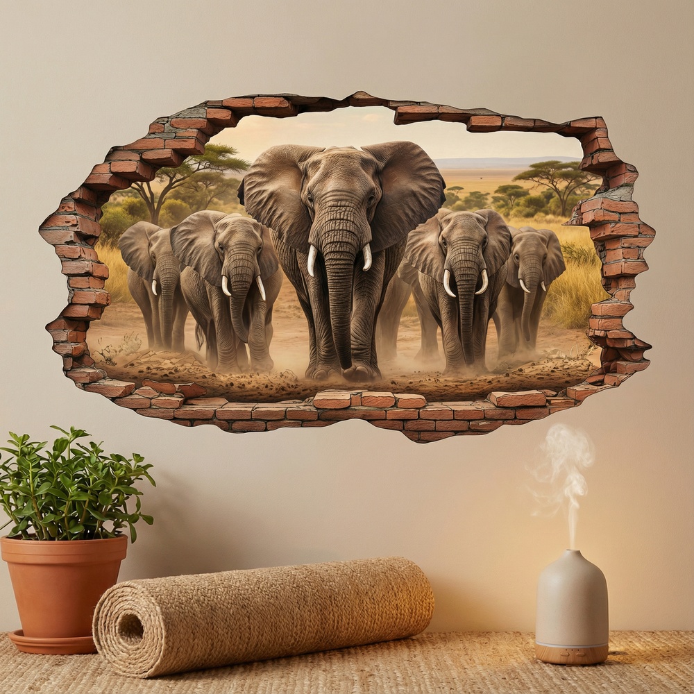 Wall Stickers: Wall Hole Elephant Herd