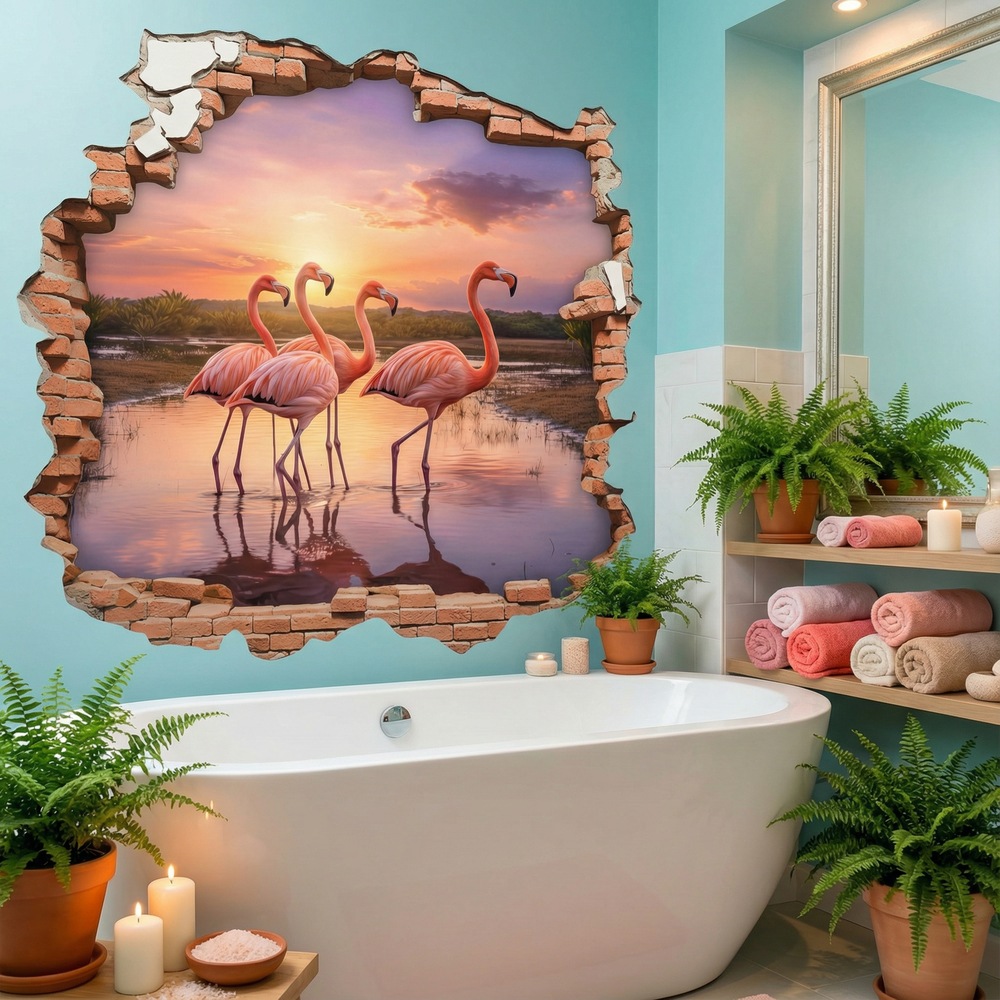 Wall Stickers: Wall Hole Flamingos Sunset
