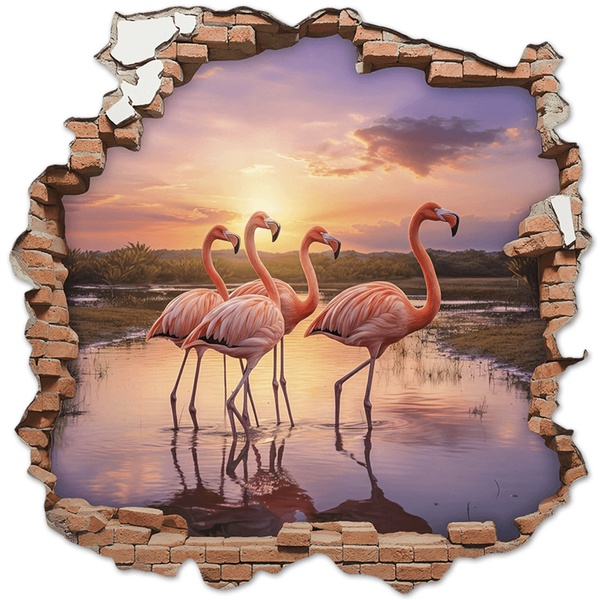 Wall Stickers: Wall Hole Flamingos Sunset