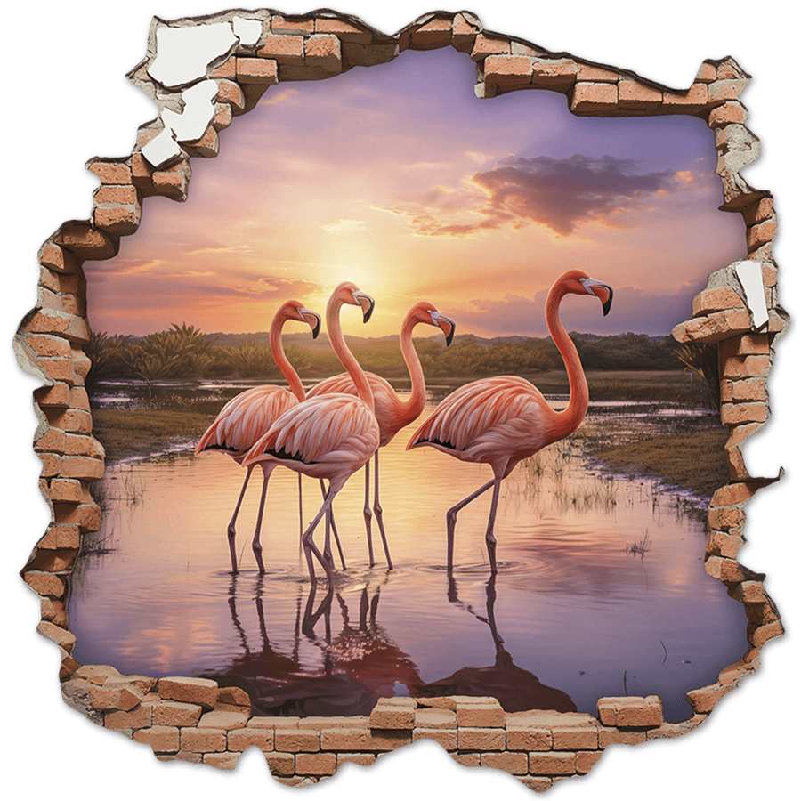 Wall Stickers: Wall Hole Flamingos Sunset