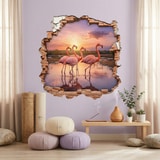 Wall Stickers: Wall Hole Flamingos Sunset 3